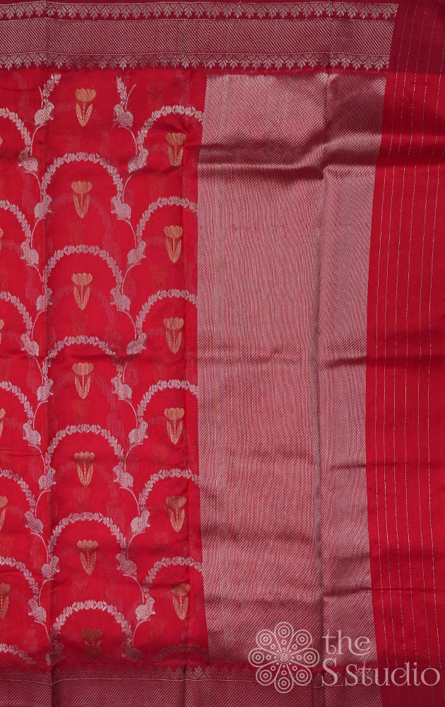 Red handwoven chanderi silk saree with silver zari border