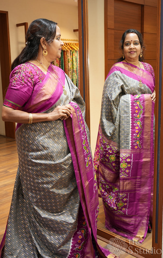 Grey ikkat silk saree with purple border