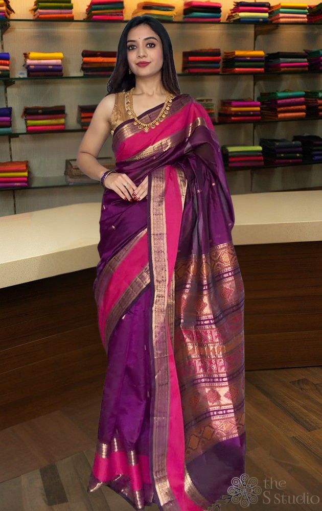 Purple fishpet silk cotton saree with rettaipet border