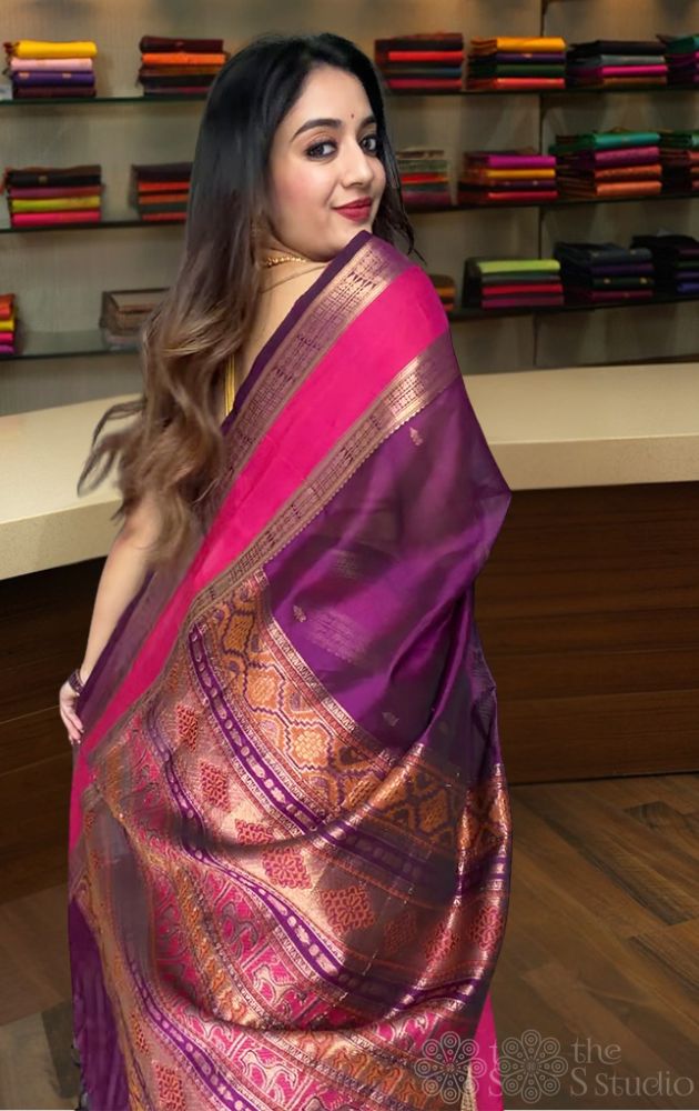 Purple fishpet silk cotton saree with rettaipet border