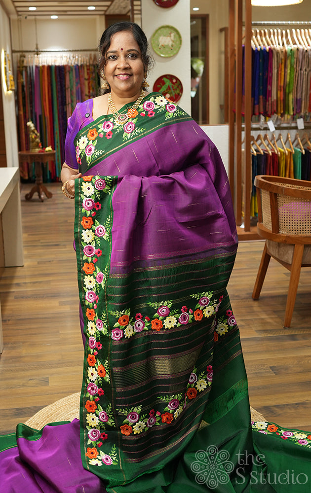 Purple kanchi silk saree with hand embroidery