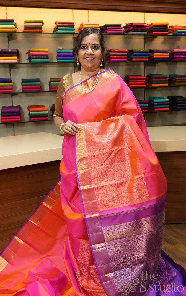 Peach kanchi silk saree with vanasingharam design and getti border