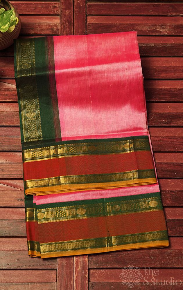 kanagabaram colour silk  cotton saree with korvai rettaipet border