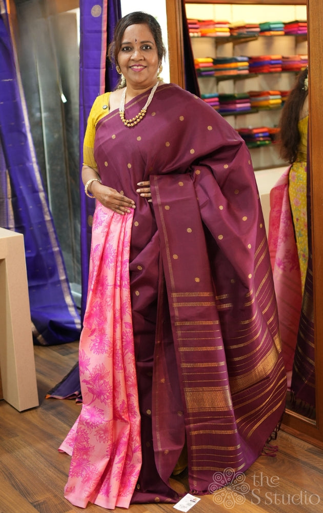 Onion pink and brown reversible kanchipuram silk saree with prints
