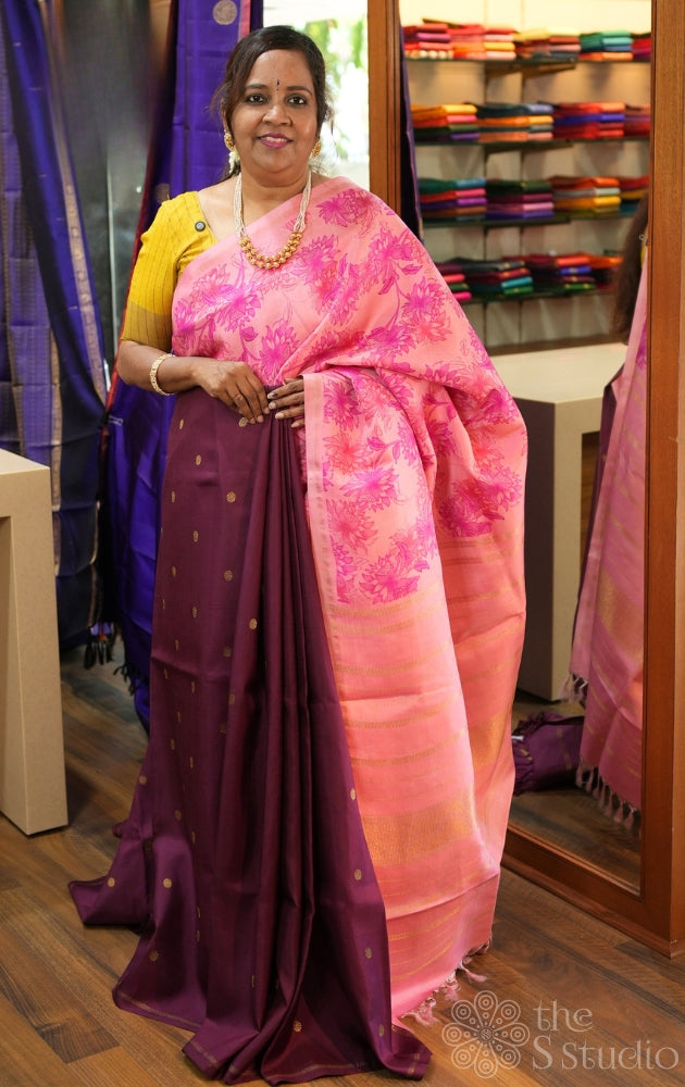 Onion pink and brown reversible kanchipuram silk saree with prints