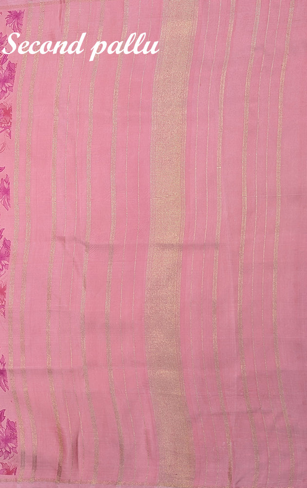 Onion pink and brown reversible kanchipuram silk saree with prints