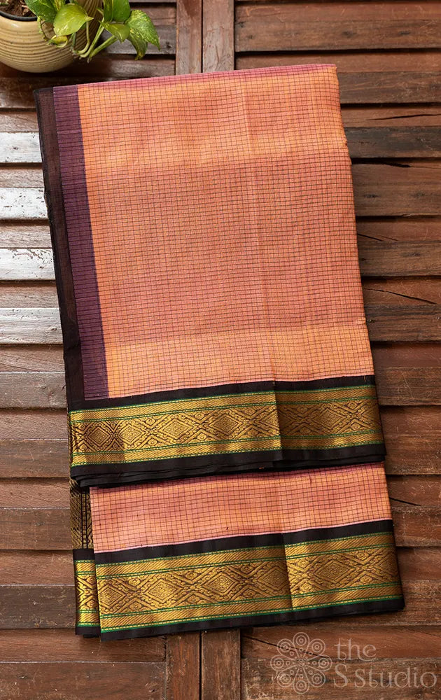 Peachish orange handloom korvai silk cotton saree with checks