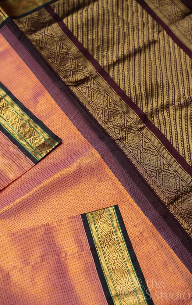 Peachish orange handloom korvai silk cotton saree with checks