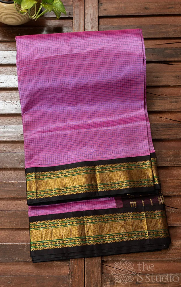 Light violet checked silk cotton saree with korvai border