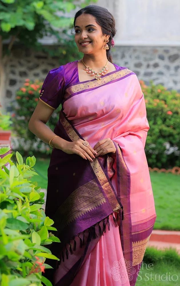 Onion pink kanchi silk saree with small korvai purple border
