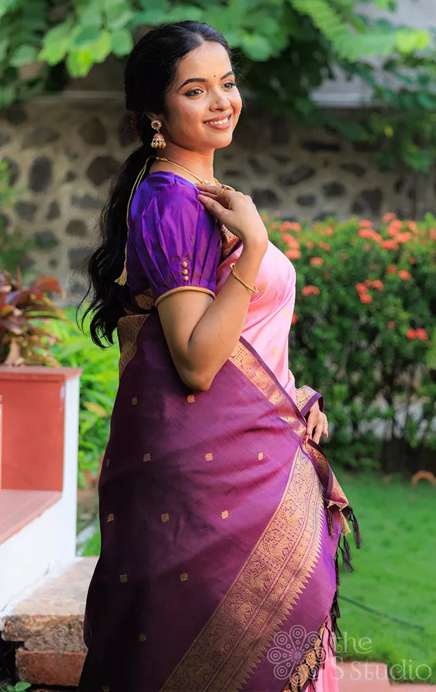 Onion pink kanchi silk saree with small korvai purple border