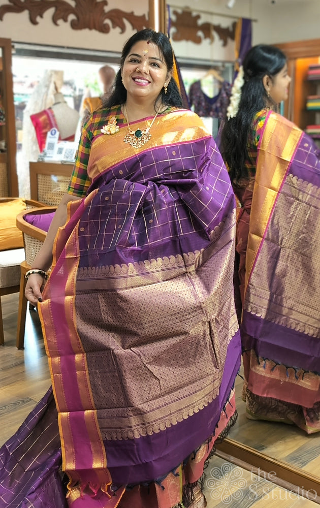 Purple handloom zari checked kanchi cotton saree with rettaipet border