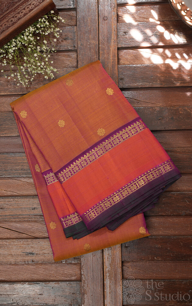Peacish rose kanchipuram silk saree with purple rettai pet border
