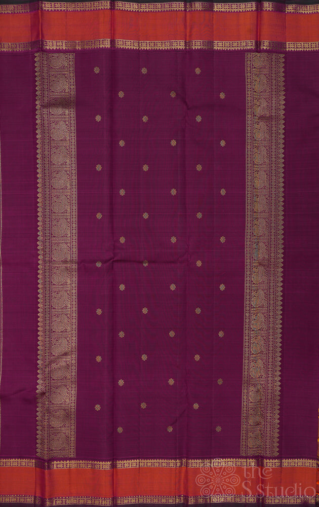 Peacish rose kanchipuram silk saree with purple rettai pet border