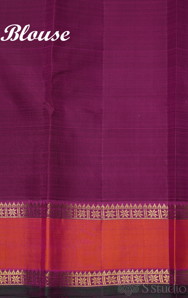Peacish rose kanchipuram silk saree with purple rettai pet border