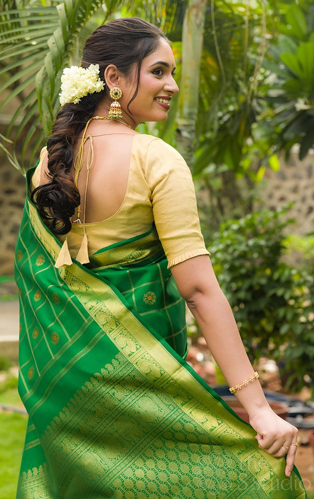 Leaf green kanjivaram silk saree with zari checks and meenakari  buttas