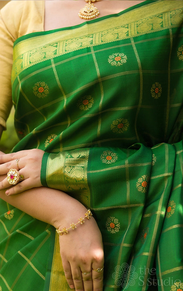 Leaf green kanjivaram silk saree with zari checks and meenakari  buttas