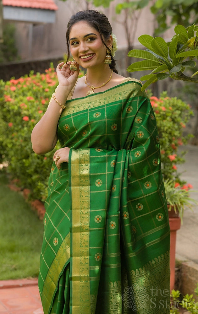 Leaf green kanjivaram silk saree with zari checks and meenakari  buttas