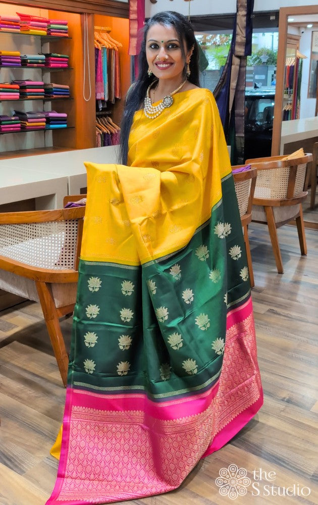 Mango yellow kanchipuram silk saree with double pallu