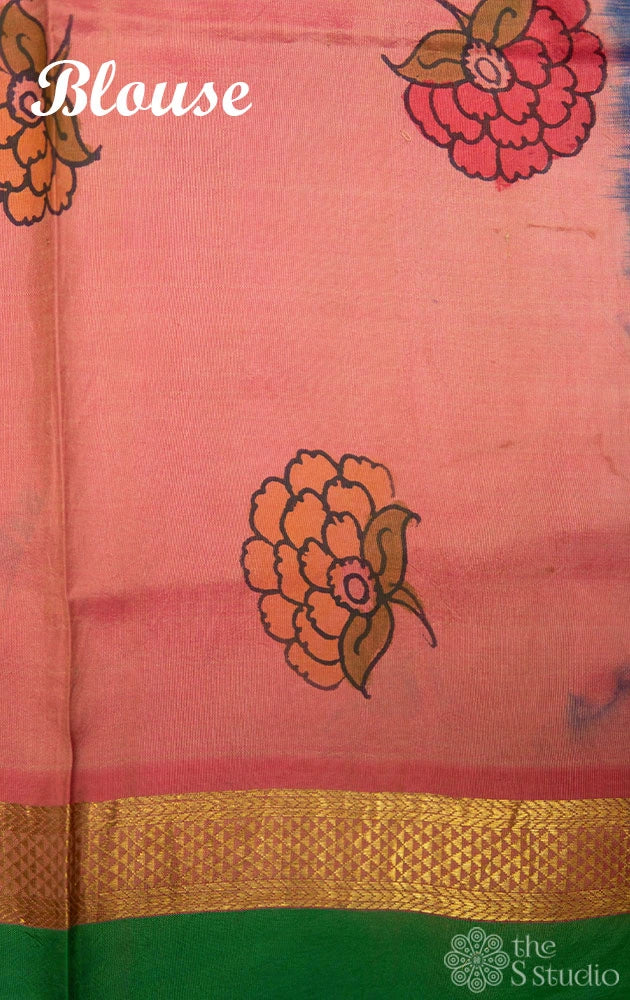 Beige hand painted kanchi kalamkari saree with light orange pallu