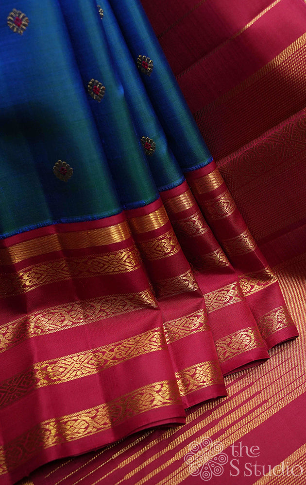 Royal blue kanjivaram saree with korvai maroon border