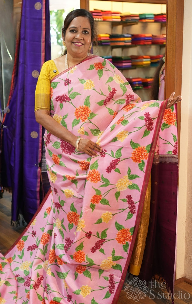 Lotus pink kanjivaram silk saree with prints and a deep maroon pallu
