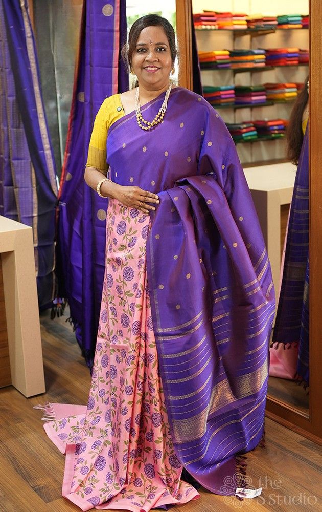 Light pink and violet reversible kanchipuram silk saree with prints