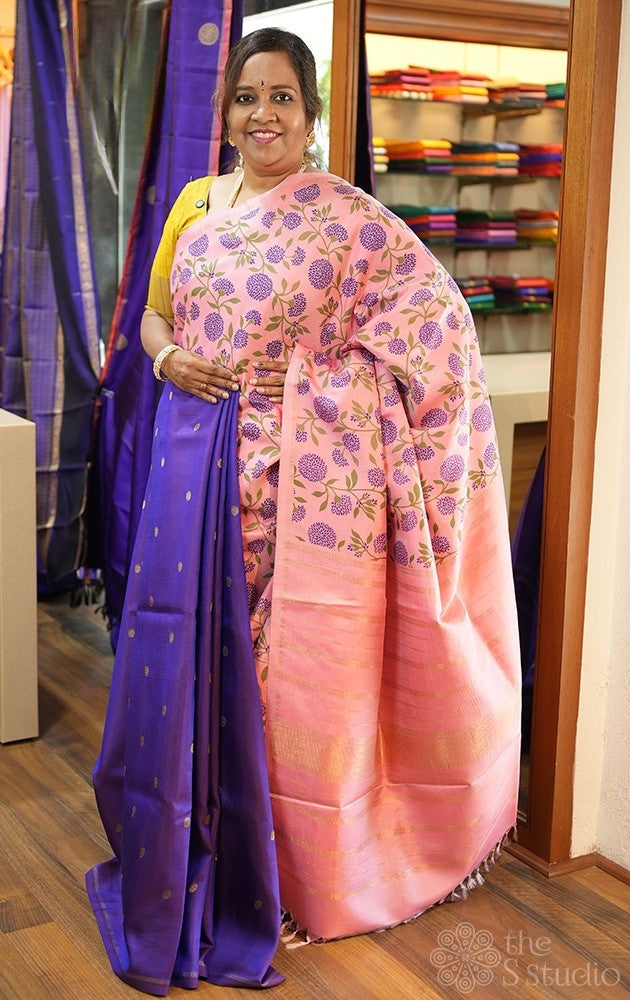 Light pink and violet reversible kanchipuram silk saree with prints