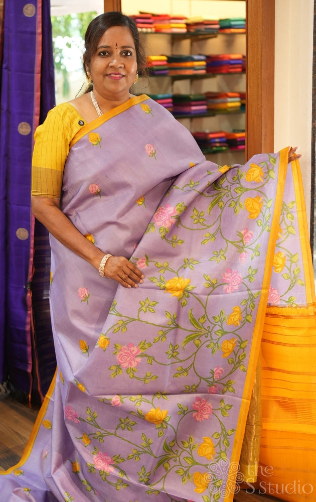 Lavendar digital printed kanchipuram silk saree with mustard pallu