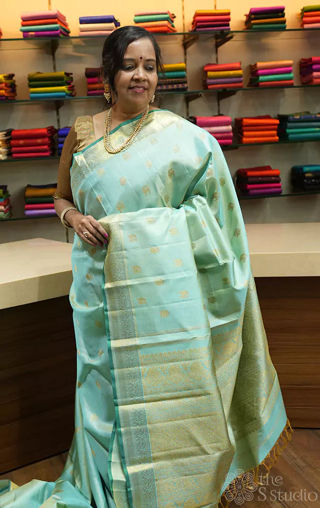 Light bluish green checked kanchi silk saree
