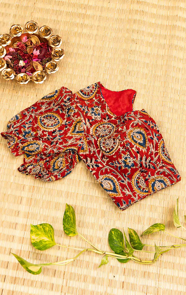 Maroon printed cotton  blouse with neck pattern