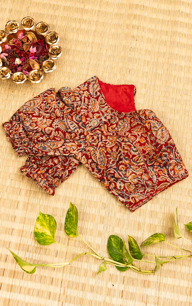 Maroon printed cotton blouse with neck pattern
