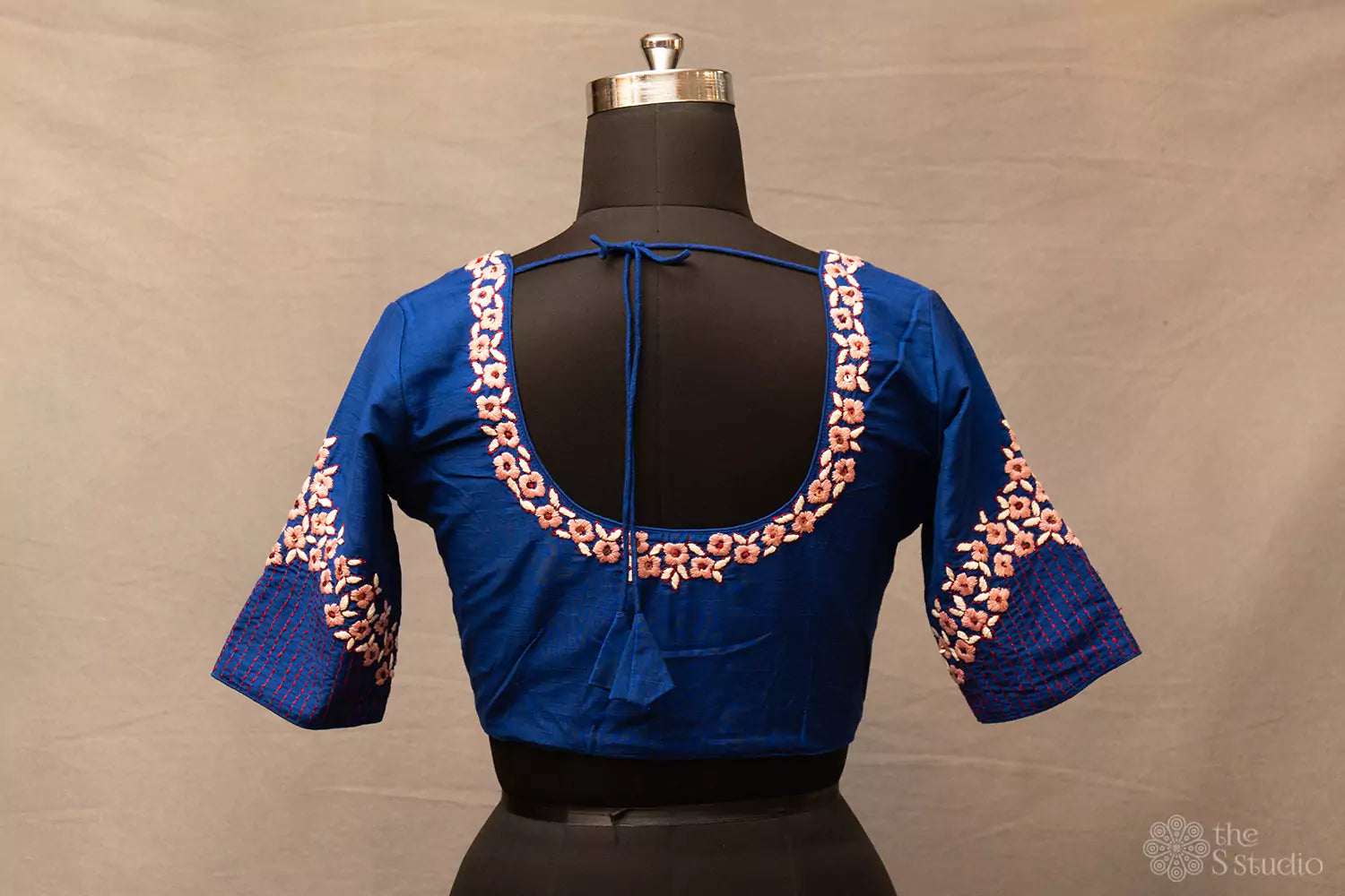 Blue hand  embroidered raw silk blouse with neck pattern