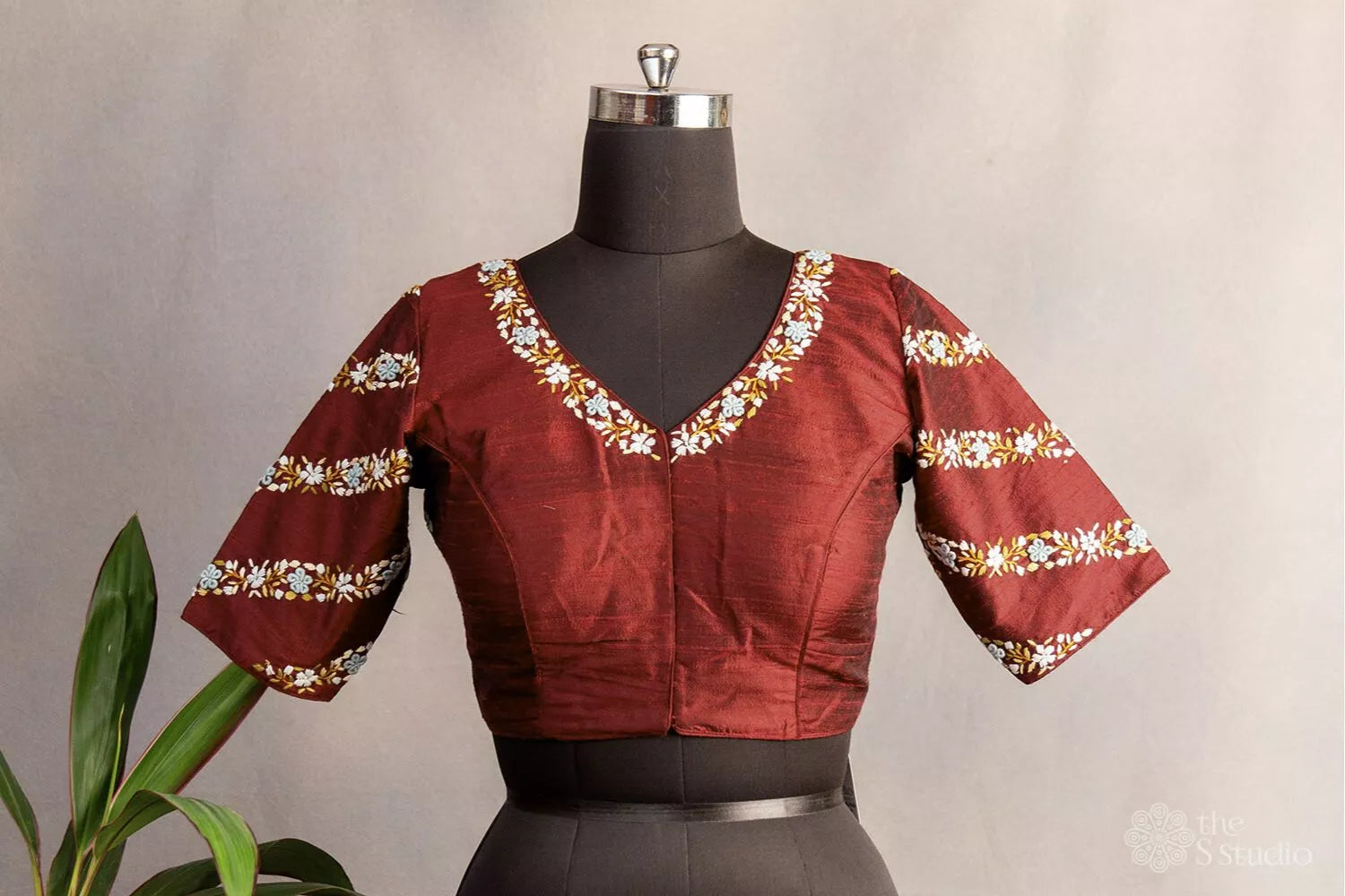 Maroon hand  embroidered raw silk blouse with rounded v neck pattern