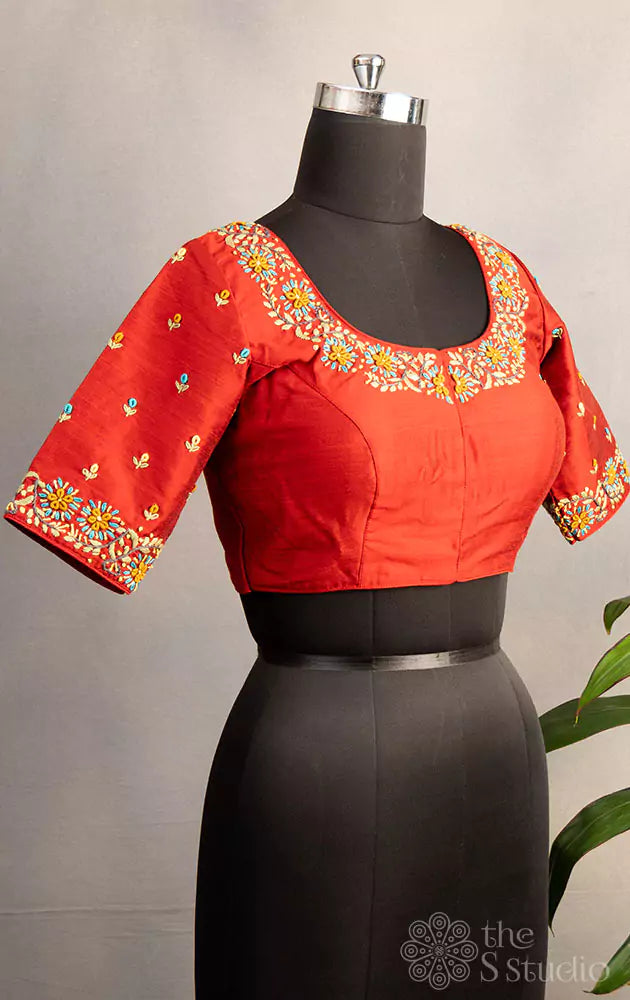 Red hand embroidered raw silk blouse with neck pattern
