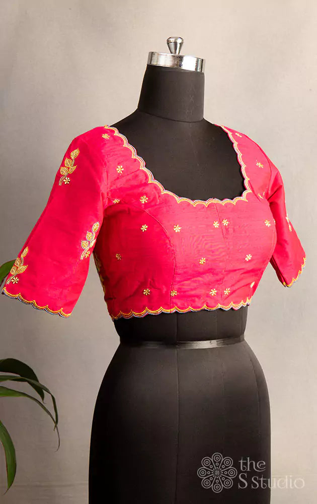 Rani pink hand  embroidered cotton blouse with scallop neck pattern