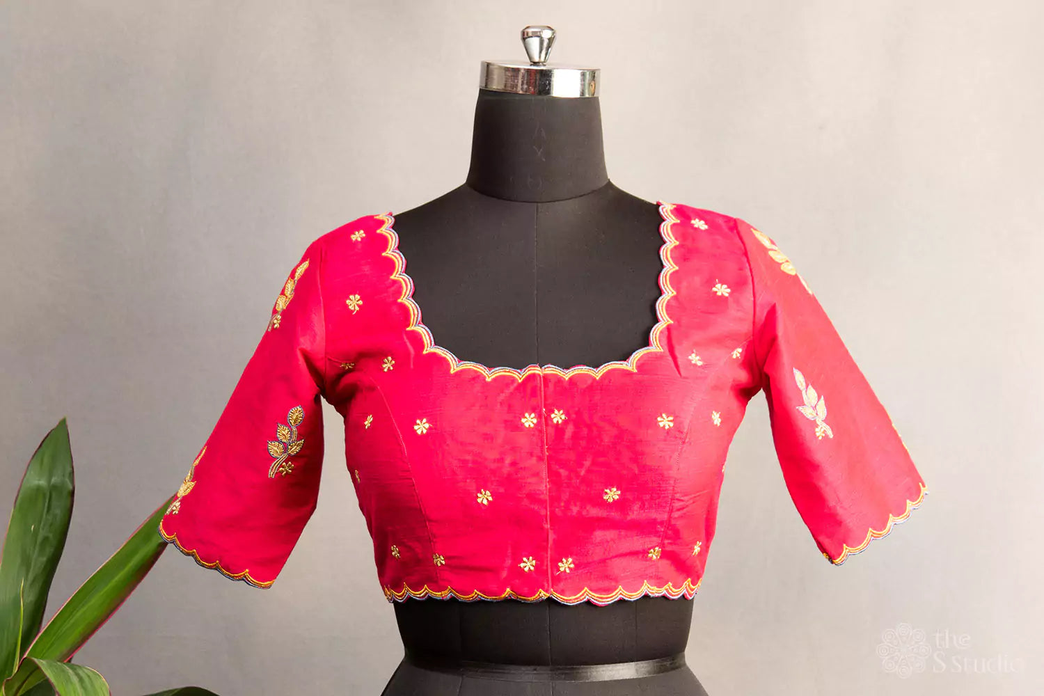 Rani pink hand  embroidered cotton blouse with scallop neck pattern