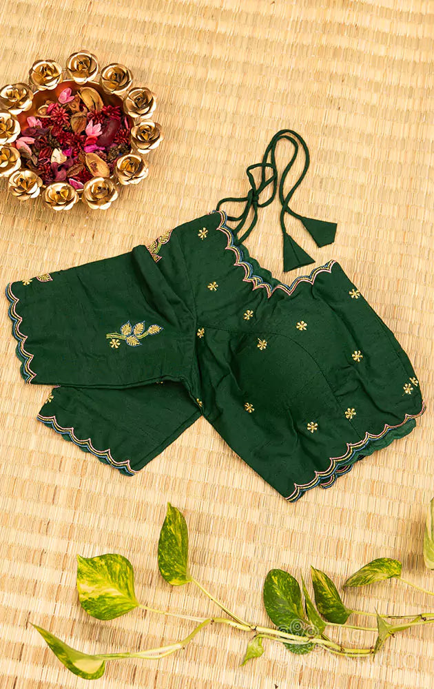 Green hand embroidered cotton blouse with scallop neck pattern