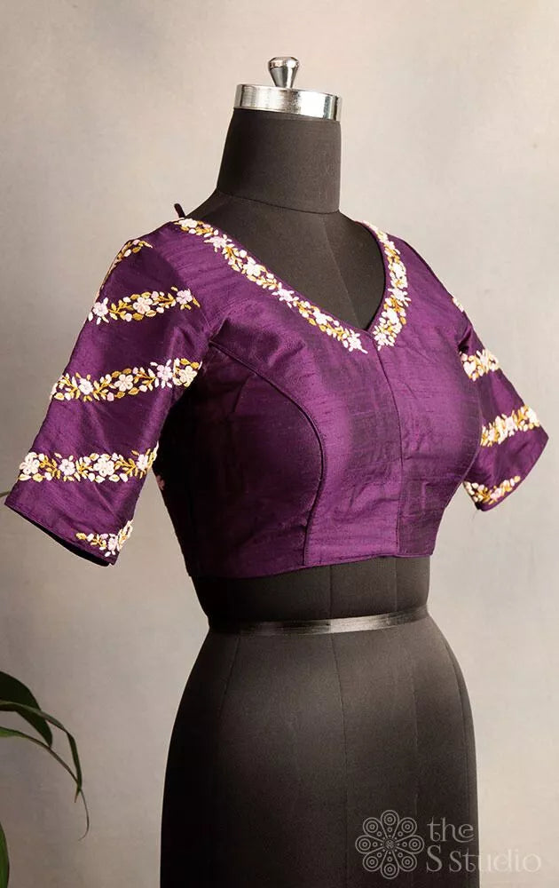 Purple hand  embroidered raw silk blouse with neck pattern