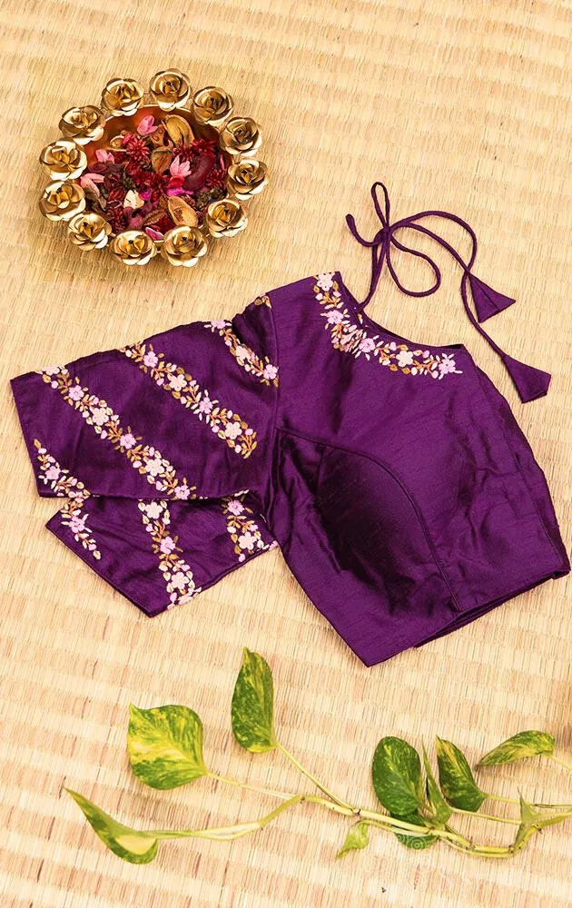 Purple hand  embroidered raw silk blouse with neck pattern
