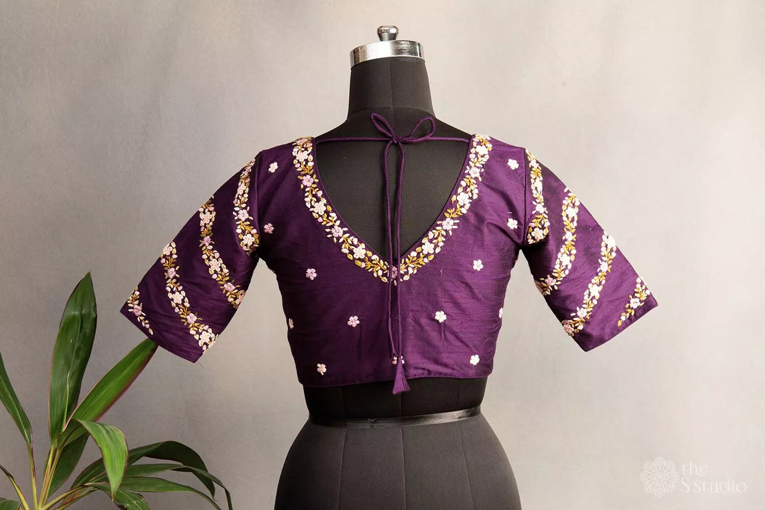 Purple hand  embroidered raw silk blouse with neck pattern