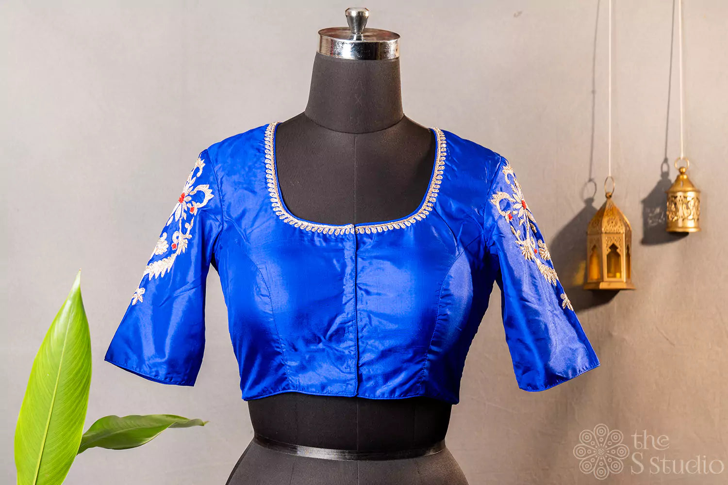 Royal blue pure silk readymade blouse with hand embroidery