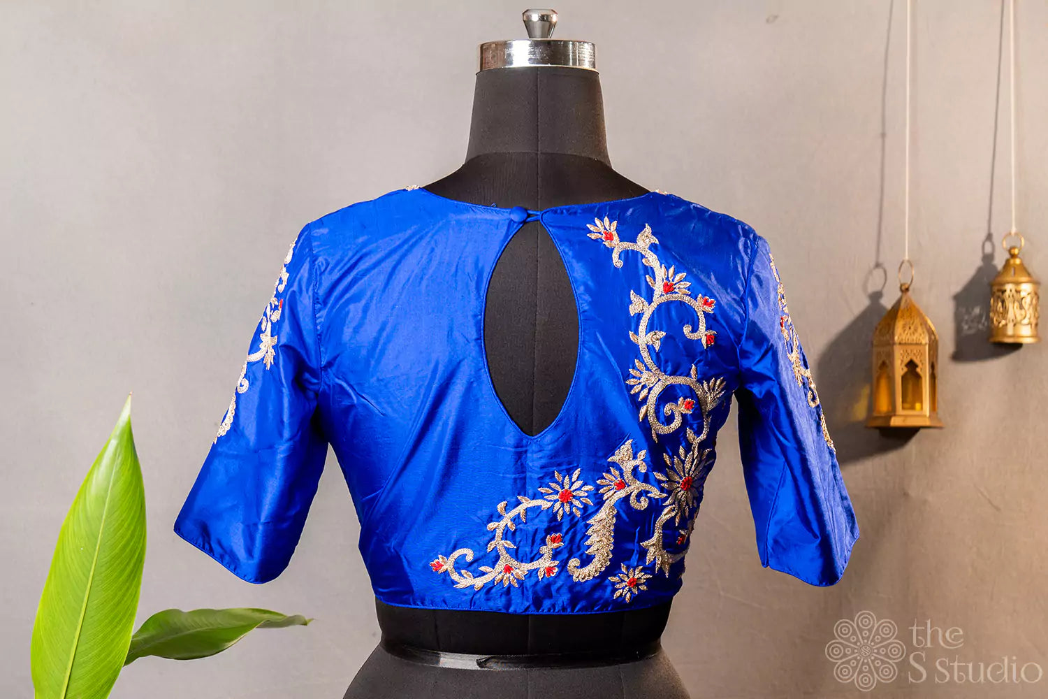 Royal blue pure silk readymade blouse with hand embroidery