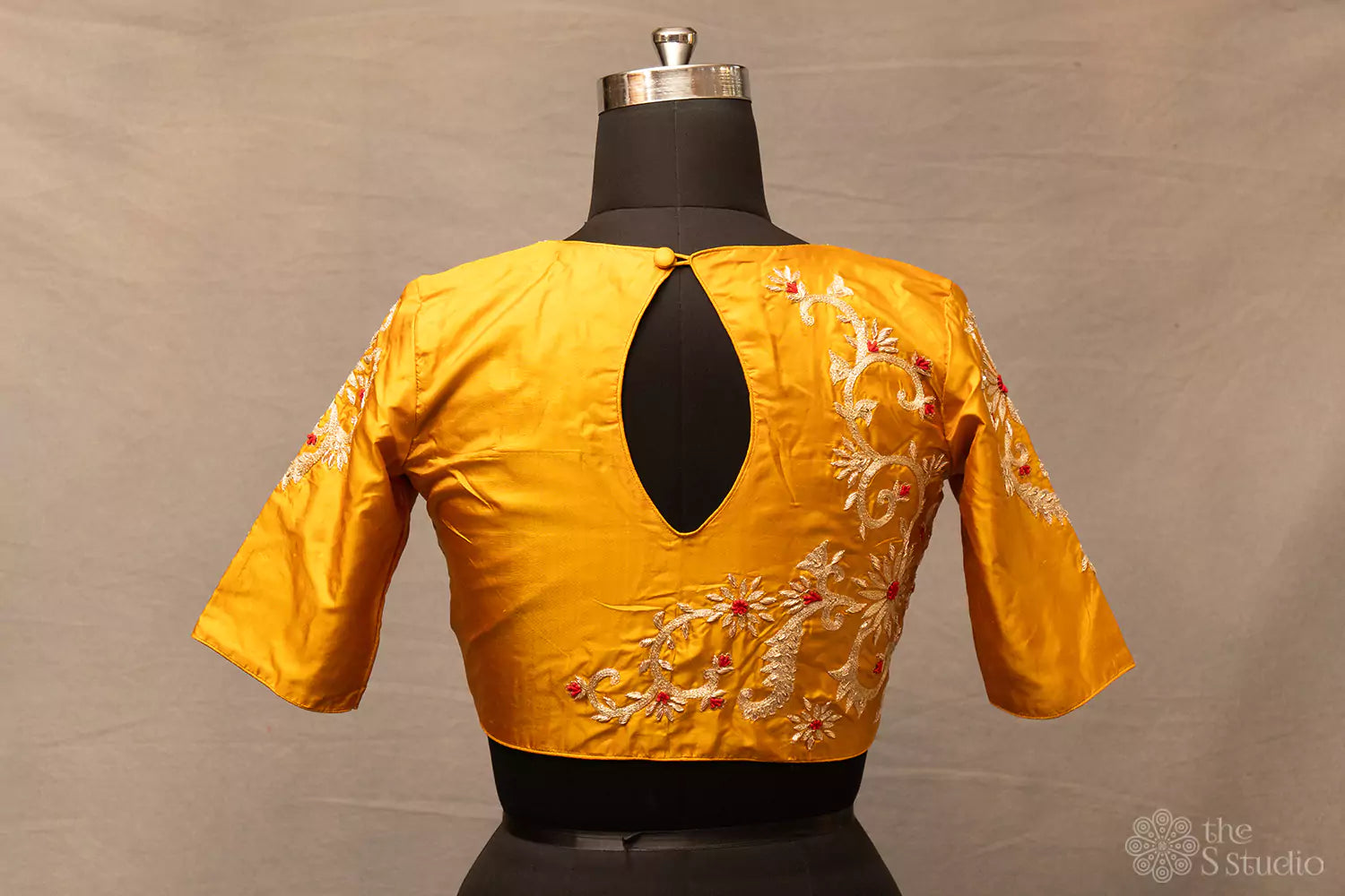 Mustard hand  embroidered silk blouse with neck pattern