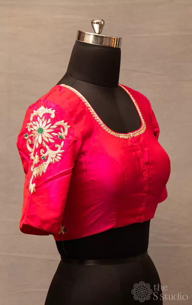 Rani pink hand  embroidered silk blouse with neck pattern