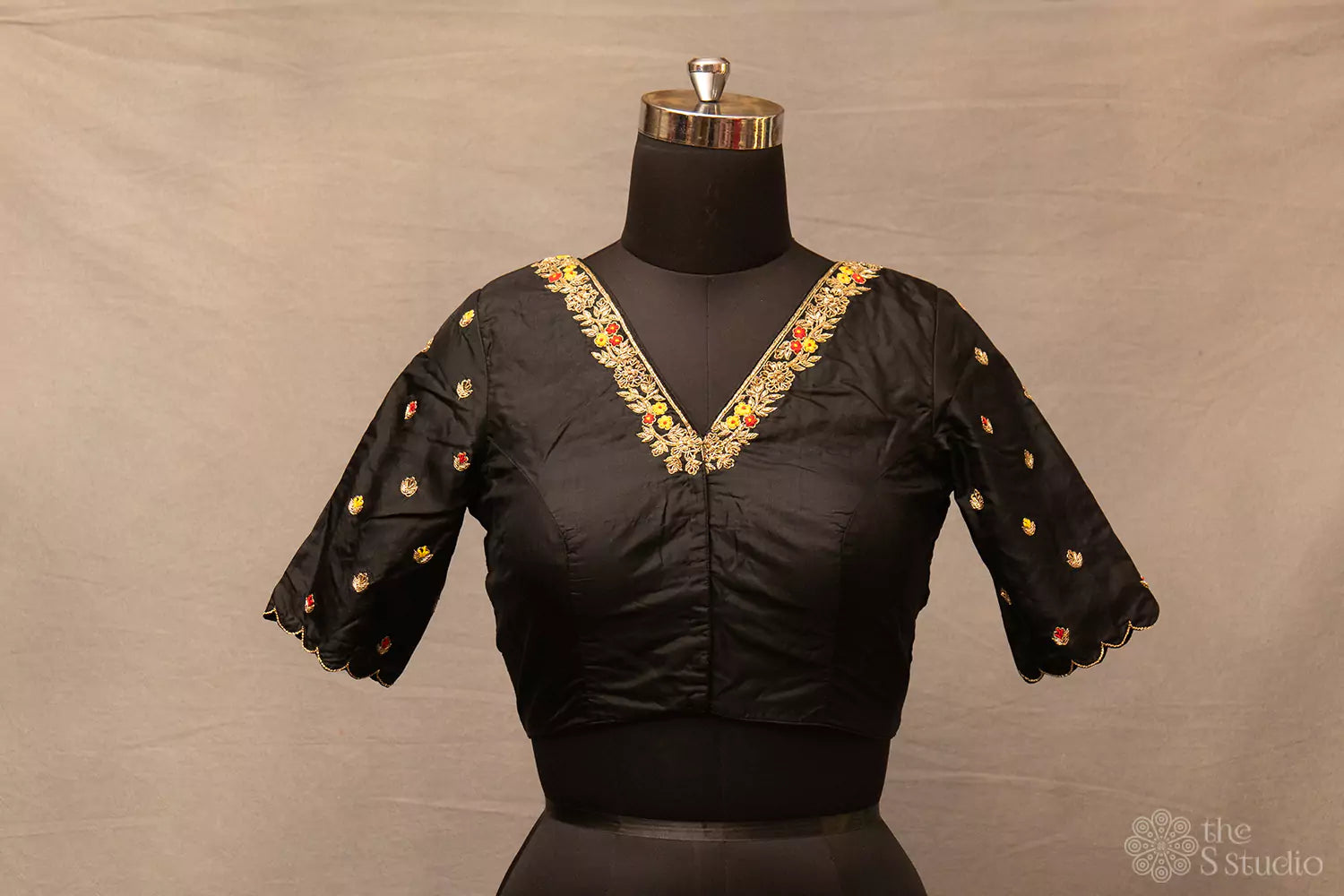 Black hand  embroidered silk blouse with neck pattern