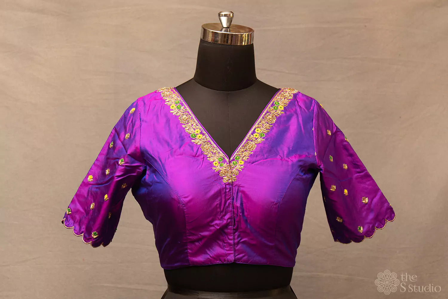 Purple hand embroidered silk blouse with neck pattern