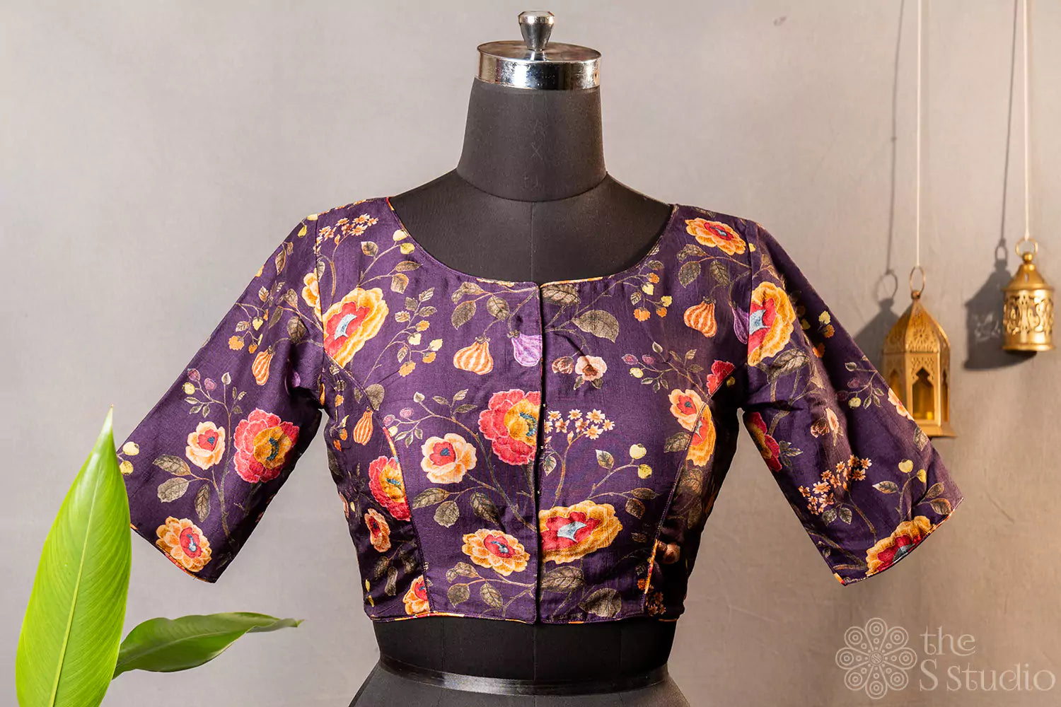 Purple floral printed semi silk readymade blouse