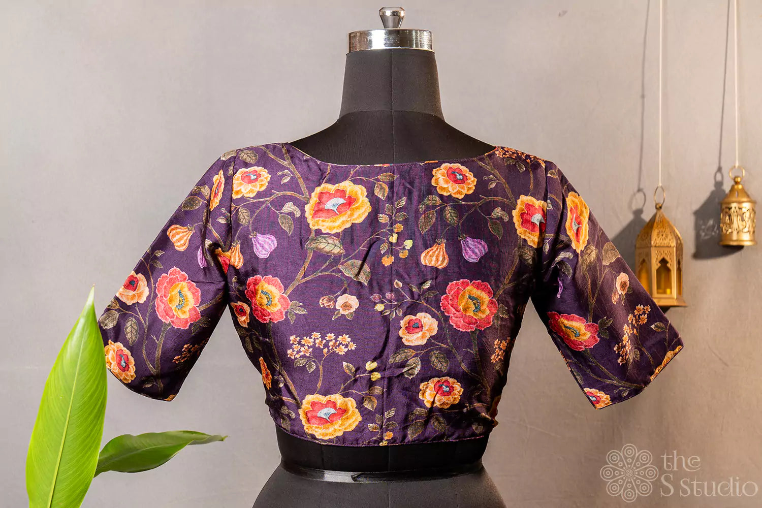 Purple floral printed semi silk readymade blouse