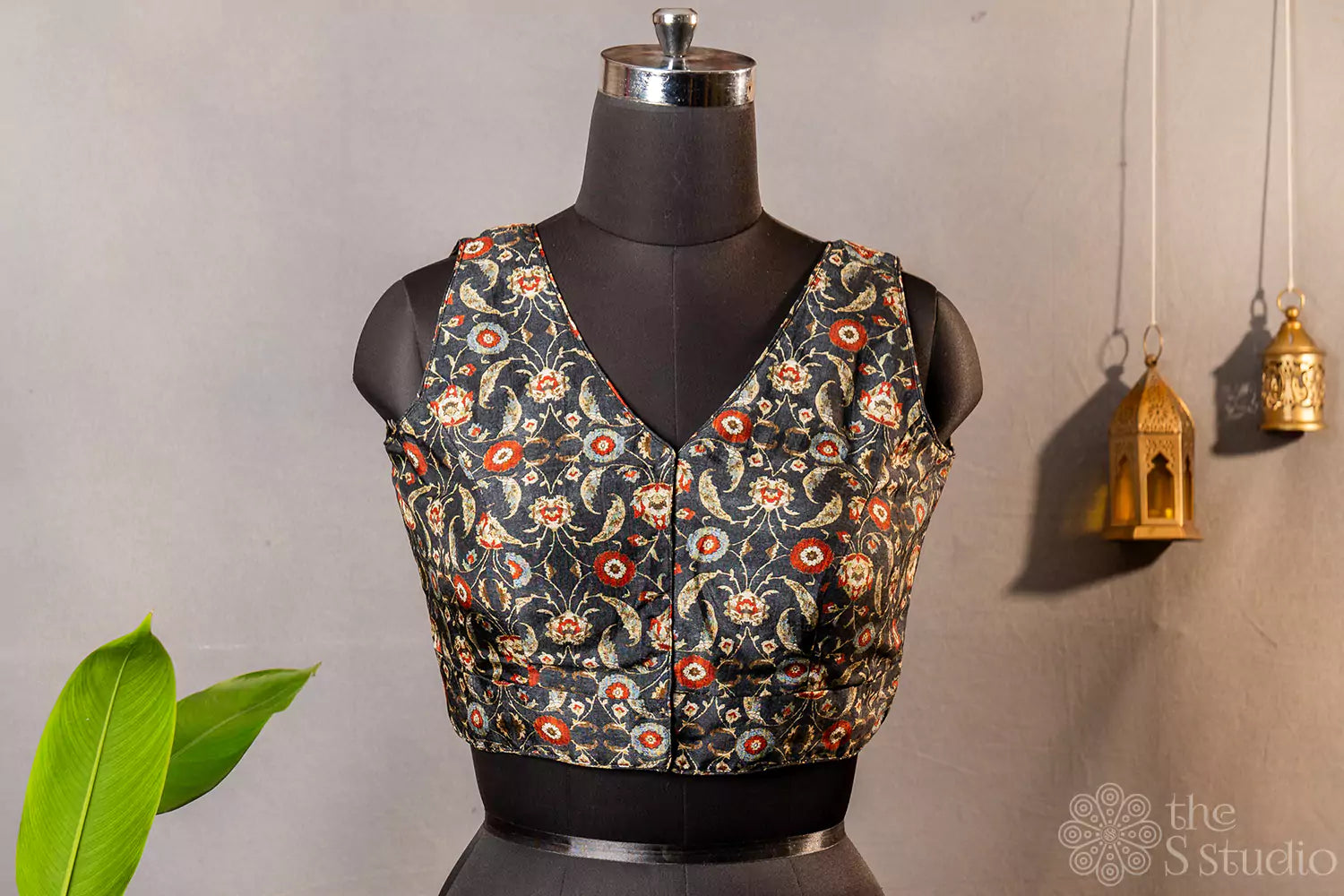 Dark grey floral printed sleeveless semi silk readymade blouse